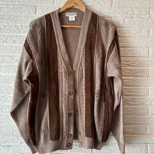 Vintage Norm Thompson Button Down Cardigan/Leather and Wool Blend/Front Pockets